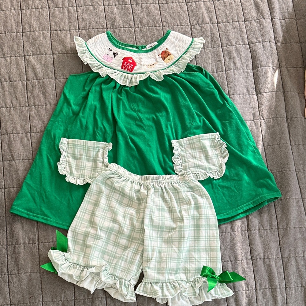 Green Ruffled Baby Dress and Plaid Shorts Set